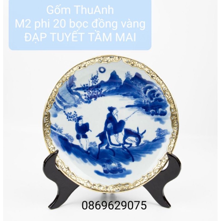 Đĩa cảnh men lam bọc đồng vàng.Hàng vẽ tay gốm sứ Bát Tràng.