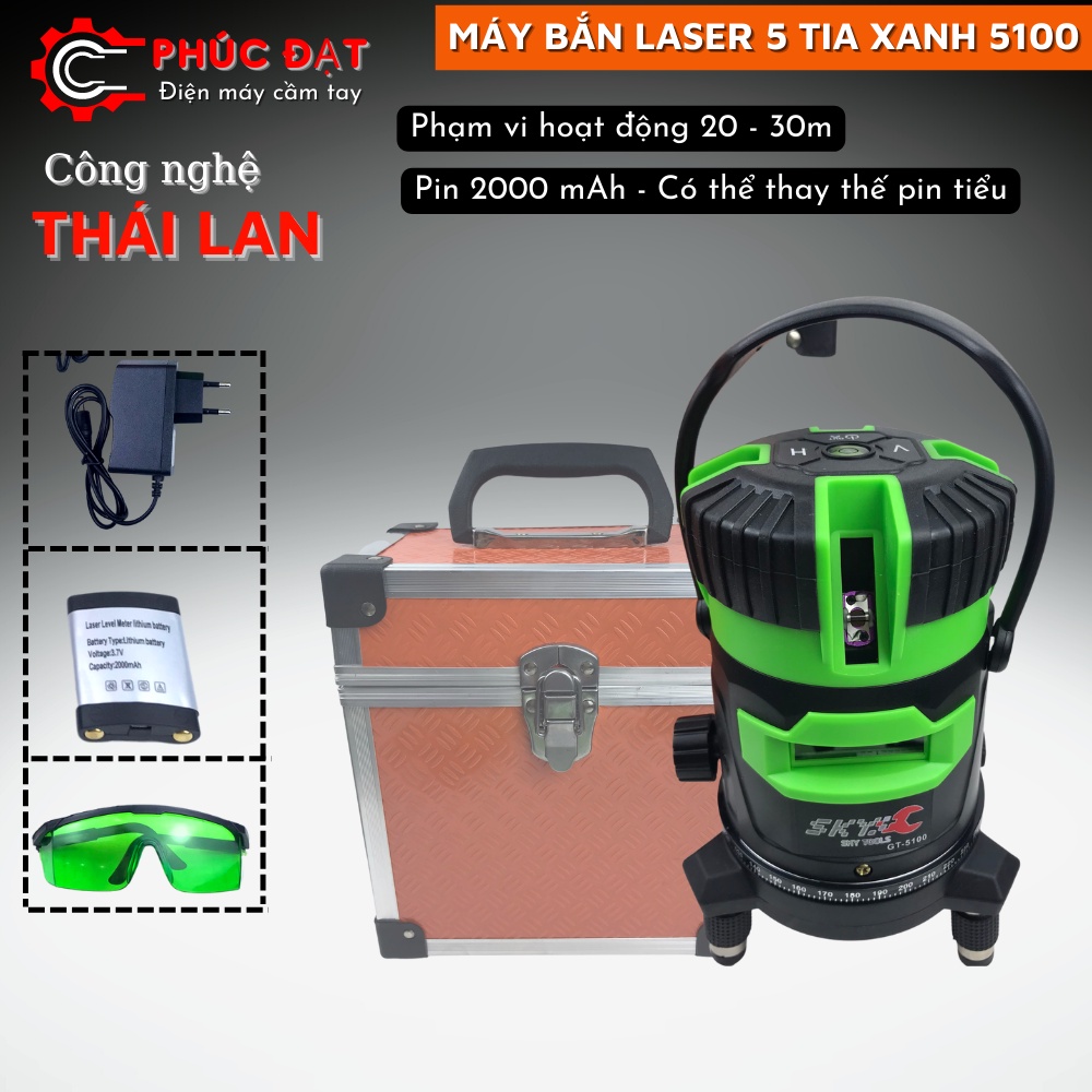 Máy cân bằng laser 5 tia xanh 5100, Máy cân mực, máy bắn cốt có thể dùng pin tiểu | Tặng kèm Sạc + Kính + Chân đỡ 1m