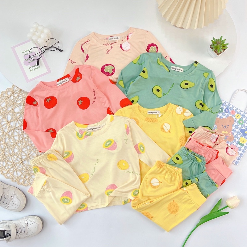 NT081 Bộ đồ dài tay thun lạnh Minky Mom hoạ tiết sinh tố trái cây cho bé