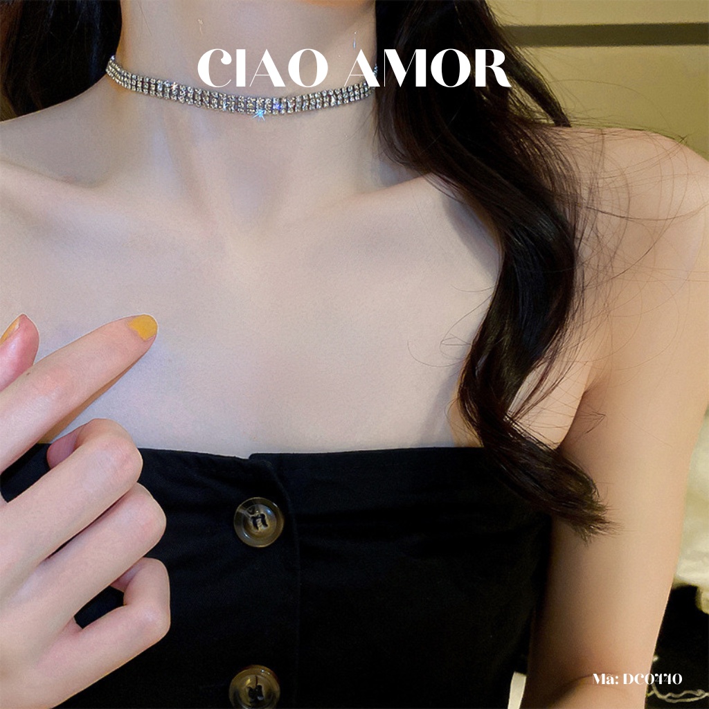 Choker nữ, Dây chuyền nữ titan đính đá lấp lánh 3 mảnh thẳng đơn giản có dây sau Trang sức Ciao Amor - DC0440