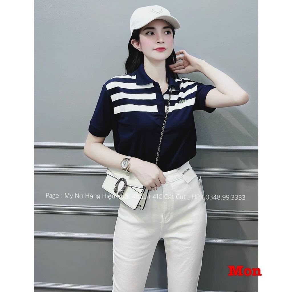 ÁO POLO XANH THAN PHỐI SỌC TRẮNG CHO NỮ