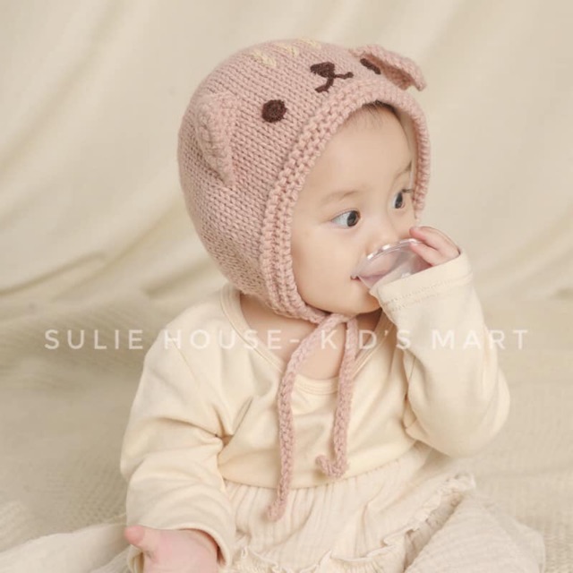 Mũ len tai mèo có dây buộc cho bé 3-18m MU001