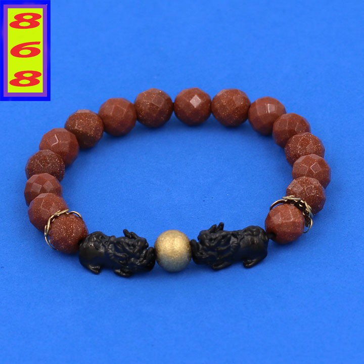 Vòng tay đá Kim Sa Nâu Cắt Giác 8 ly - Vòng tay hạt chuỗi charm Tỳ Hưu Đôi inox VKSGTHHEV8 - hợp mệnh Kim, mệnh Thổ