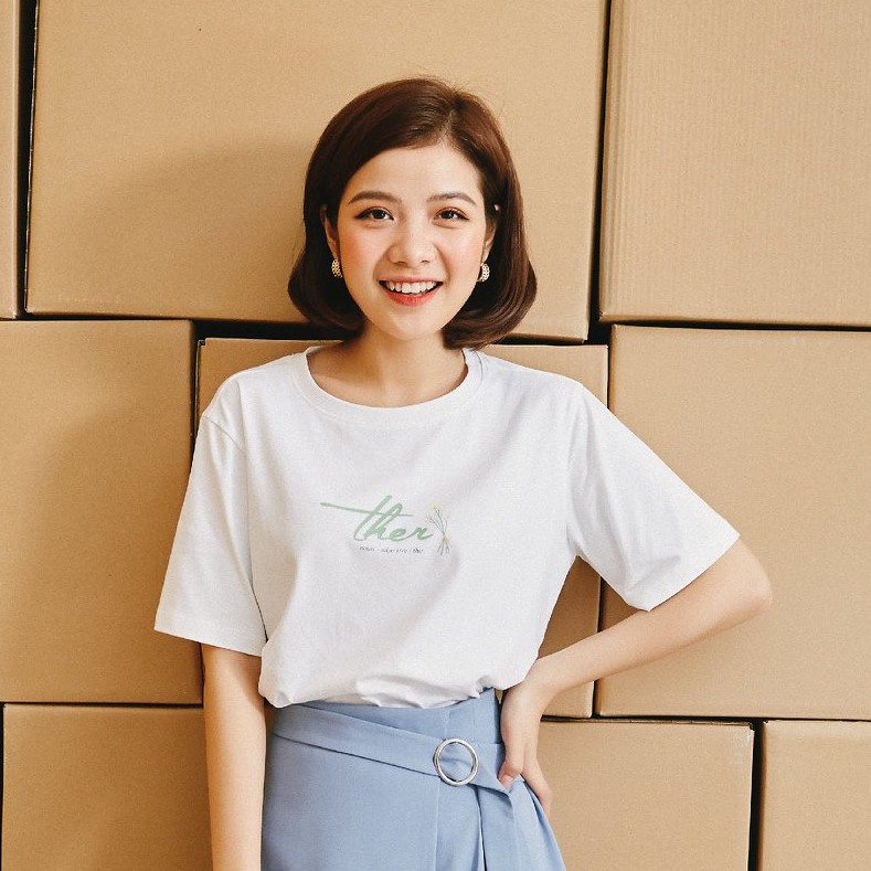 Áo thun tay lỡ Méo shop phông nữ cổ tròn cotton in chữ Ther freesize form rộng