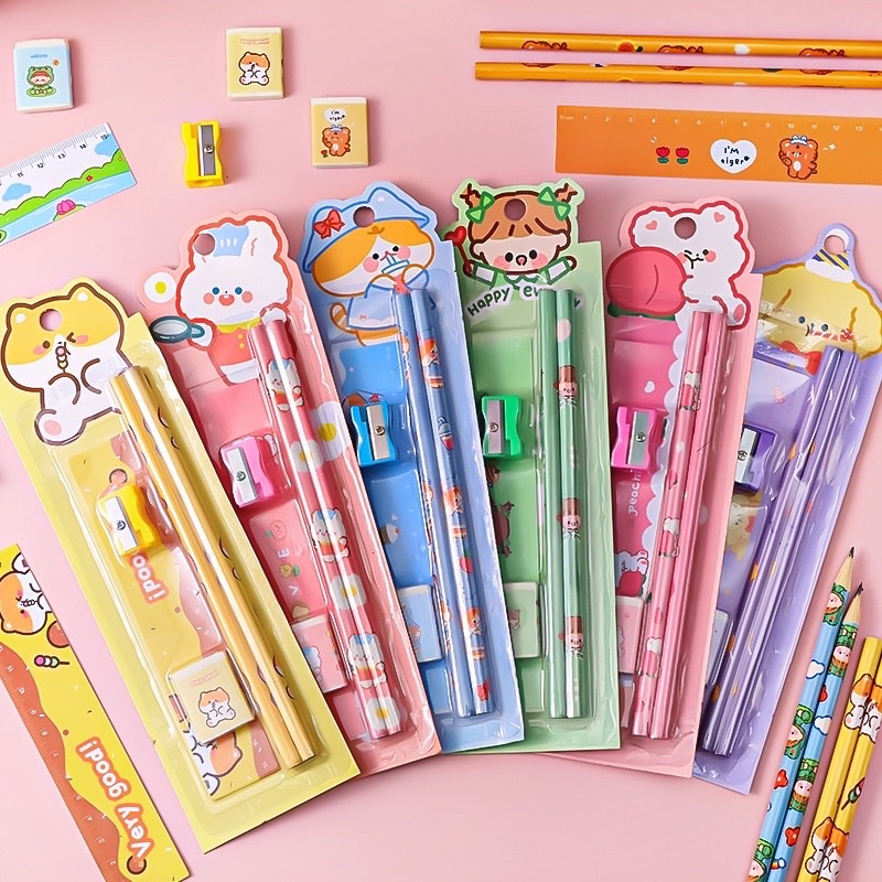 Bộ 2 bút chì kèm gọt, gôm ,thước hoạ tiết dễ thương