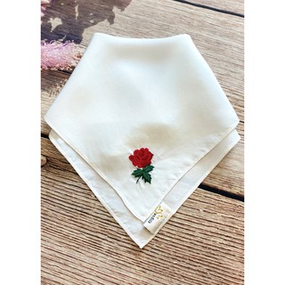 Khăn Mùi Xoa Lụa Thêu Tay Hoa Hồng SenSilk (Trắng)