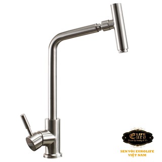 Vòi rửa chén nóng lạnh Inox SUS 304 nguyên khối đầu vòi xoay 360 độ Eurolife EL-T031 (Trắng vàng)