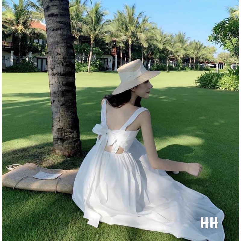 Đầm Maxi Trắng Đi Biển Hai Dây Có Lót Trong Cột Nơ Sau Lưng- Mẫu Hot Trend 2021