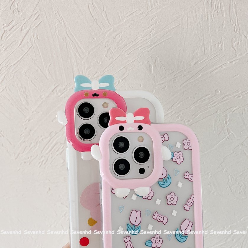 Ốp Điện Thoại Mềm Trong Suốt In Hình Quái Vật Gắn Nơ Hồng Cho iPhone 14 13 12 11 Pro Max Xs Max Xr X 7 8 6 6s Plus