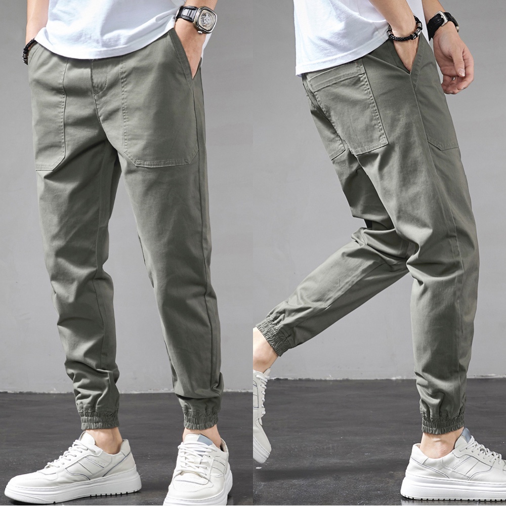 Quần Jogger nam HQ trơn túi rộng vải Cotton kaki đai mix thun cúc 3S x Man Store - Xám