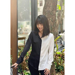 Áo sơ mi lụa đen trắng 💖Ảnh thật💖Áo lụa tay dài công sở cổ đức