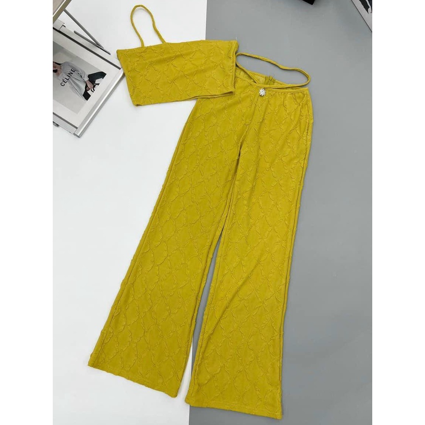 Sét Đồ Bộ Nữ Chất Gân Nổi Xịn Sò Áo Cúp Ngực Dây Chéo Vai & Quần Dài Dây Eo Thiết Kế Sang Chảnh Đi Làm Công Sở, Đi Chơi