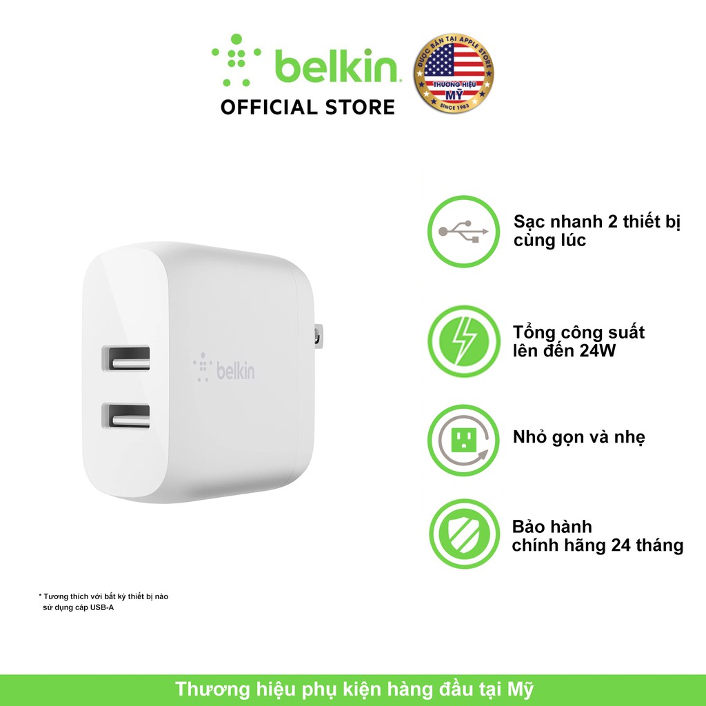 Củ sạc BOOST↑CHARGE™ Belkin Dual USB-A 24W - Hàng Chính Hãng - Bảo Hành 2 Năm - WCB002dqWH