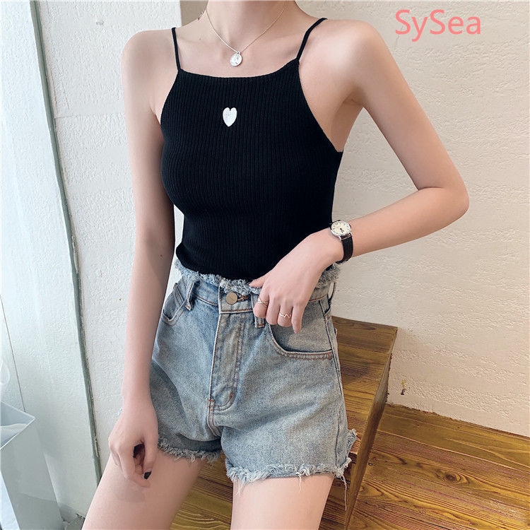 Áo yếm dệt kim thêu họa tiết trái tim dáng ôm dành cho nữ