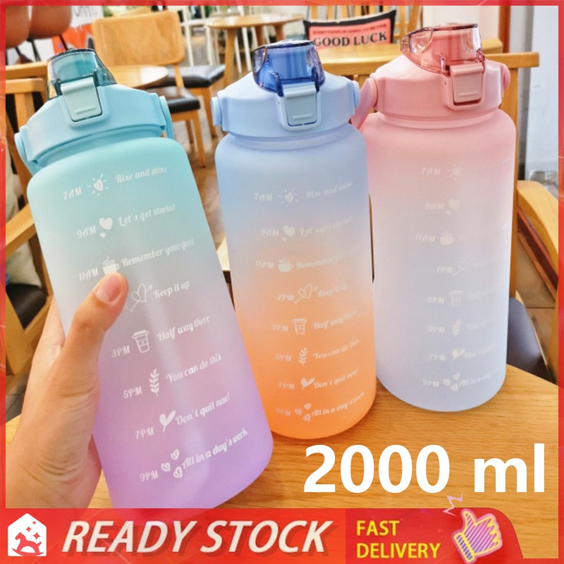 BÌnh nước 2000mL dung tích lớn kèm ống hút bằng nhựa cách nhiệt màu nhám có vạch chia thời gian dành cho học sinh
