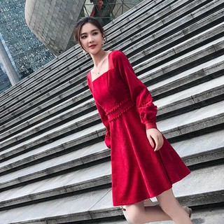 Đầm xòe tay phồng chiết eo tiểu thư váy nhung cổ chữ đằng sau có cột nơ đầm xòa chữ a D177