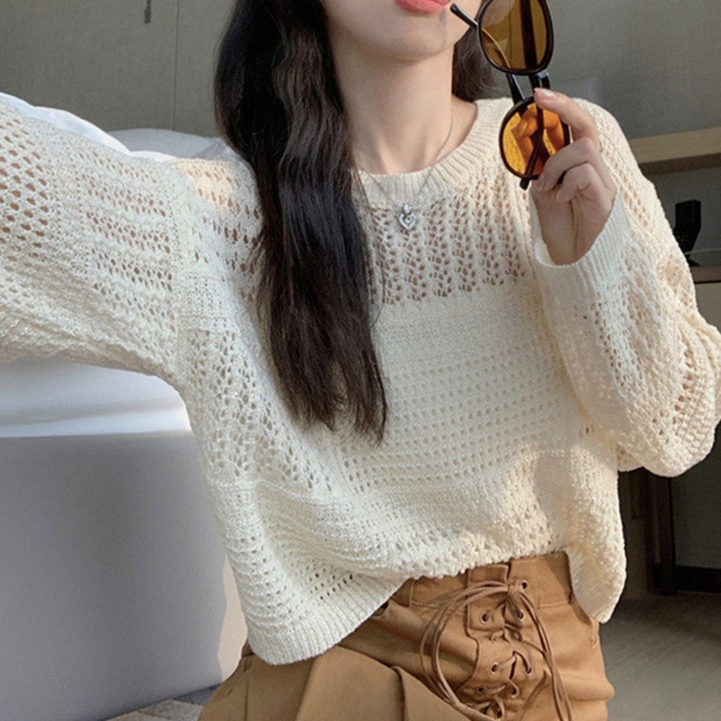 Áo Crop Top Dệt Kim Tay Dài Cổ Tròn Dáng Ôm Khoét Rỗng Thanh Lịch