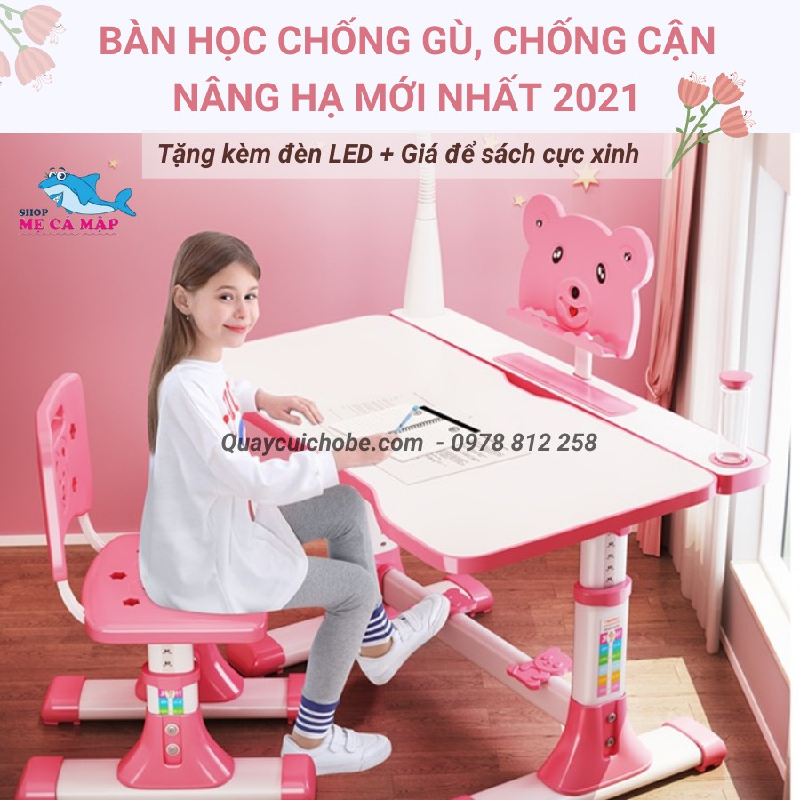 [Xả kho] Bàn học sinh chống gù chống cận, KÈM GHẾ + ĐÈN LED + GIÁ SÁCH, bàn học thông minh trai bé gái nâng cấp