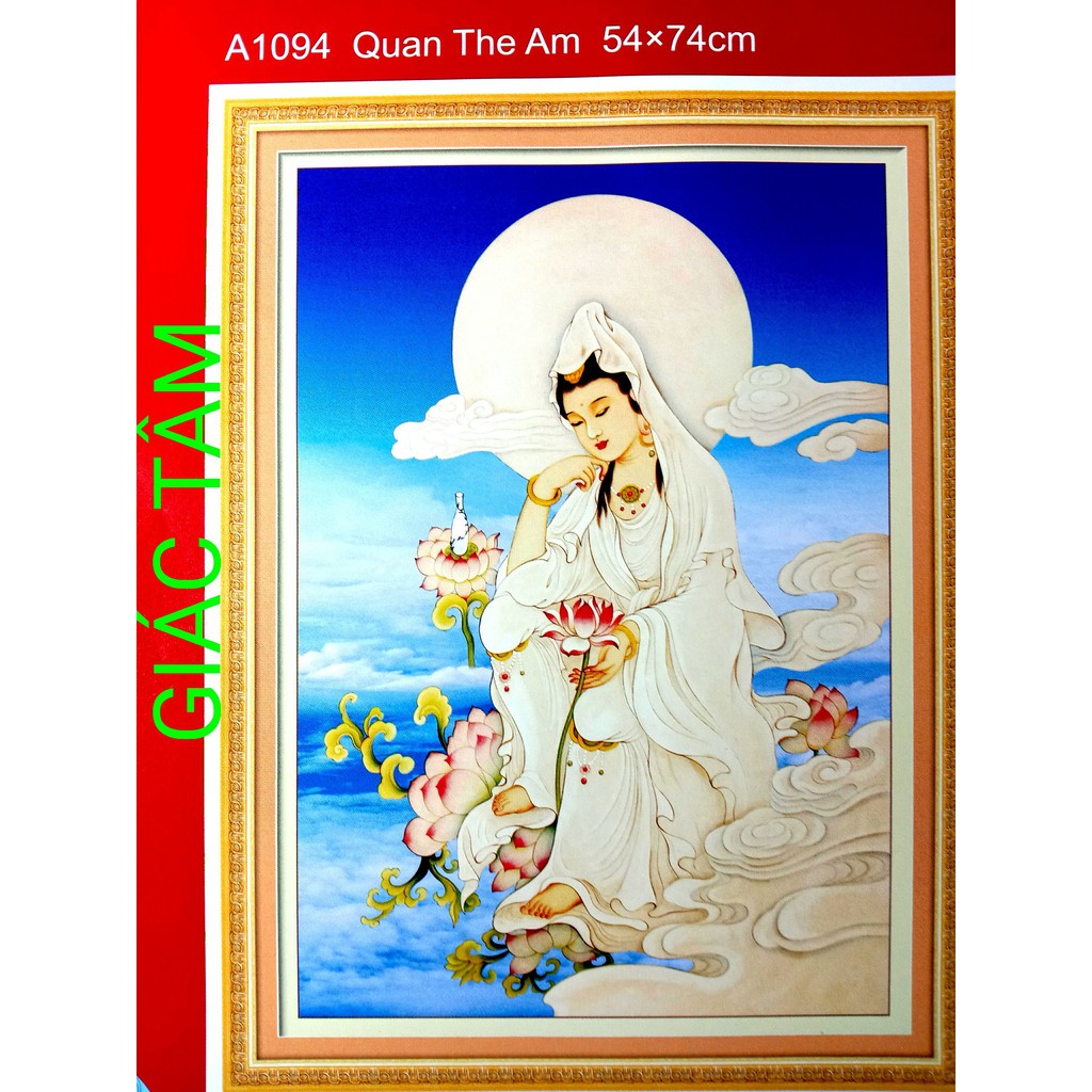 Tranh thêu QUÁN THẾ ÂM BỒ TÁT - 54x74cm - A1094 - PHẬT QUAN ÂM BÔNG HOA SEN BÌNH CAM LỒ MÂY TRỜI - tranh chưa thêu