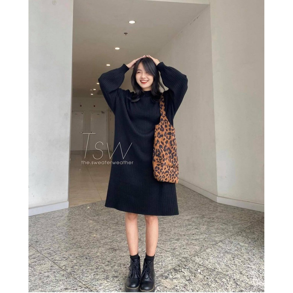 VÁY LEN SUÔNG /ĐẦM LEN SUÔNG NỮ một màu ĐEN tay bồng dày dặn basic cực hot | BigBuy360 - bigbuy360.vn