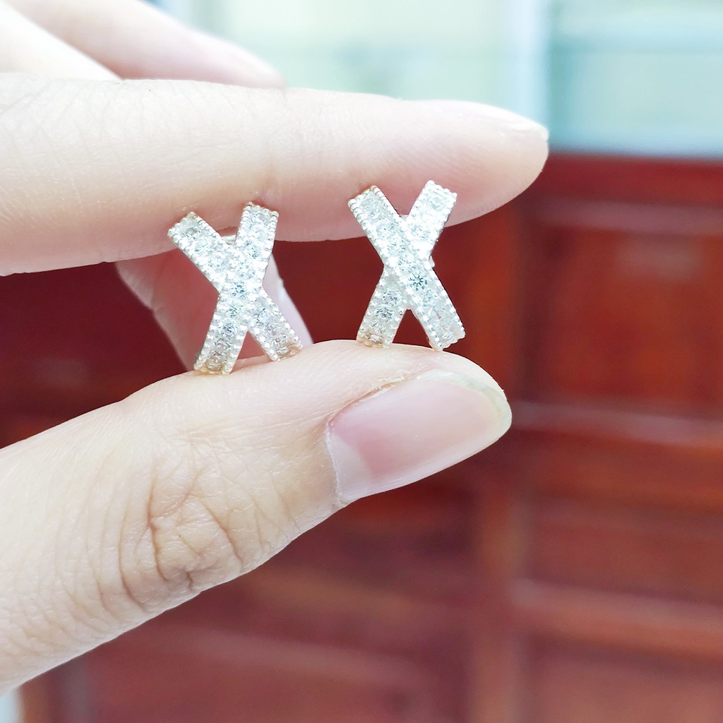Bông tai bạc bông chữ X bạc ta đính đá sang chảnh