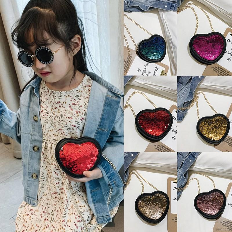 Túi đeo chéo hình trái tim đính kim sa thời trang cho bé gái
