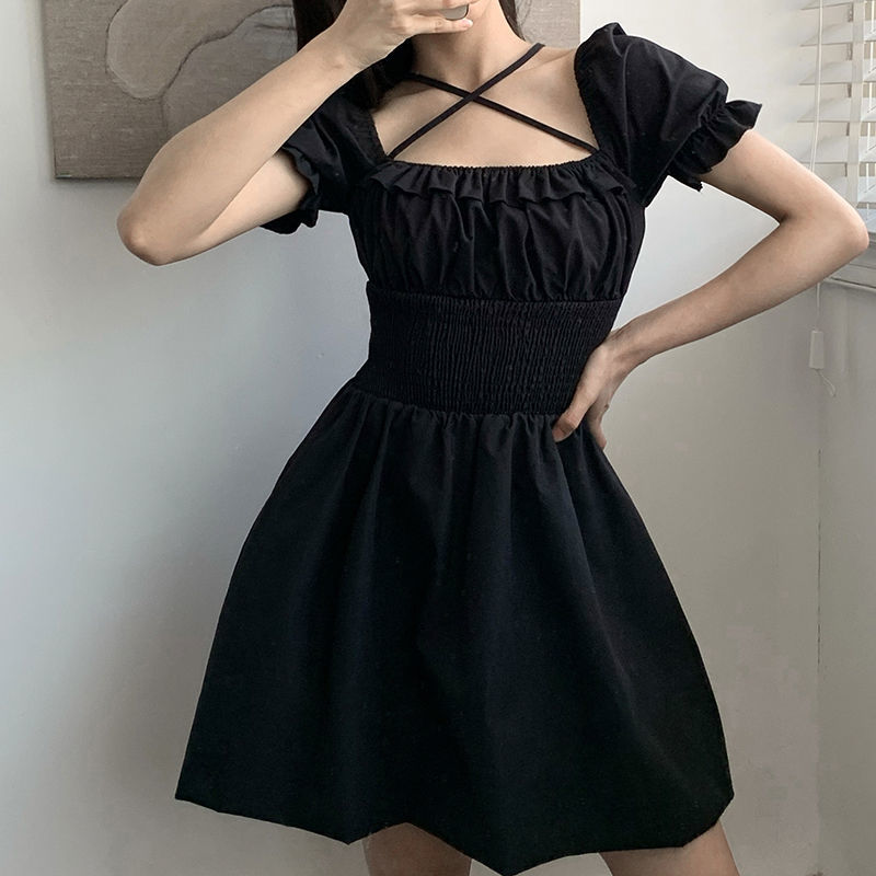 Palace Style Pleated Waist Tight Square Collar Black Dress Cross Lace up Slimming Puff Sleeve Dress Women's High WaistAWord Skirt【3Month18Day After】 | BigBuy360 - bigbuy360.vn
