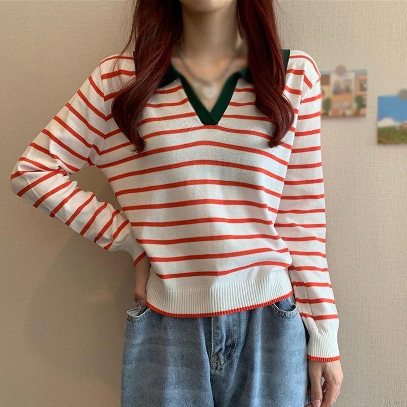 Áo len tay dài dáng rộng họa tiết kẻ sọc phong cách retro Hàn Quốc cho nữ