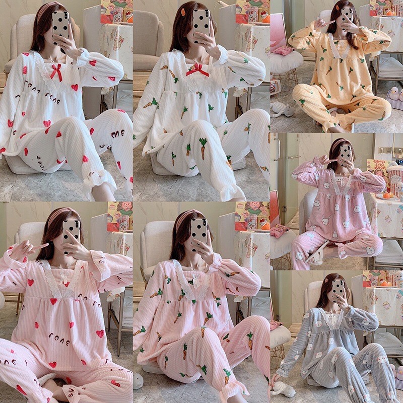 Bộ pijama tay dài mặc nhà chất dày hoạ tiết dễ thương siêu xinh