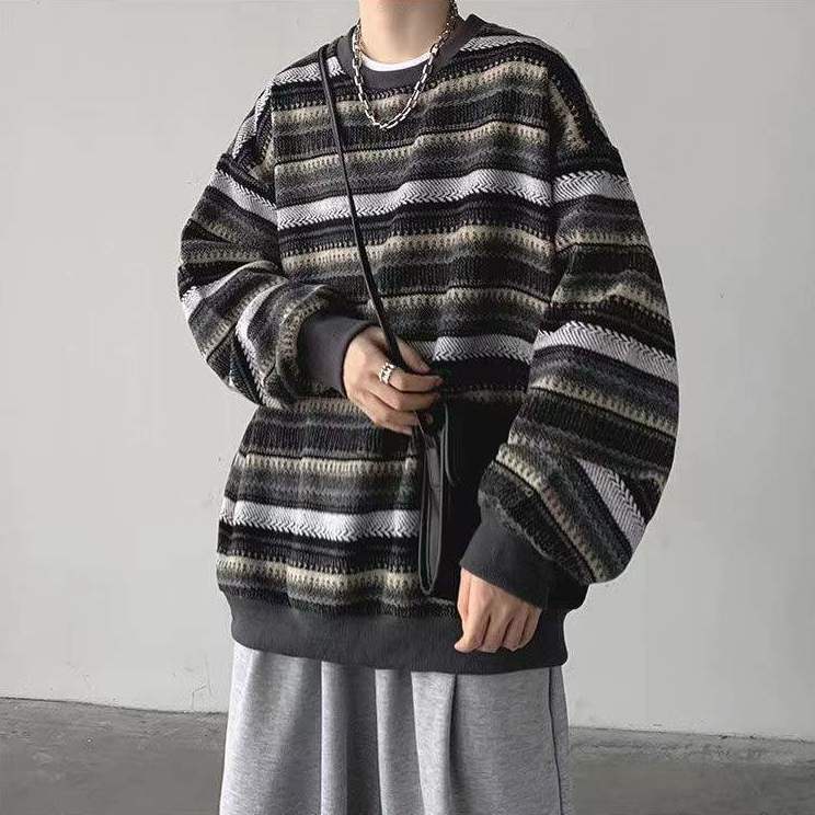 Áo Sweater Dáng Rộng Cổ Tròn Họa Tiết Kẻ Sọc Phong Cách Vintage Hàn Quốc Cho Nam