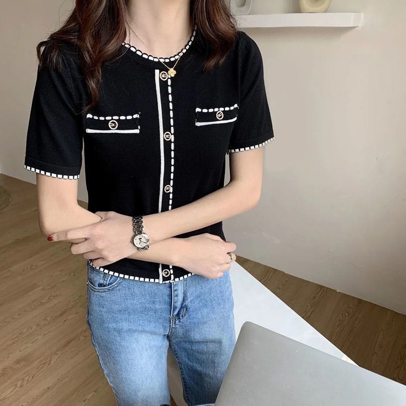 áo len cộc tay 2 túi ngực phong cách Hàn Quốc