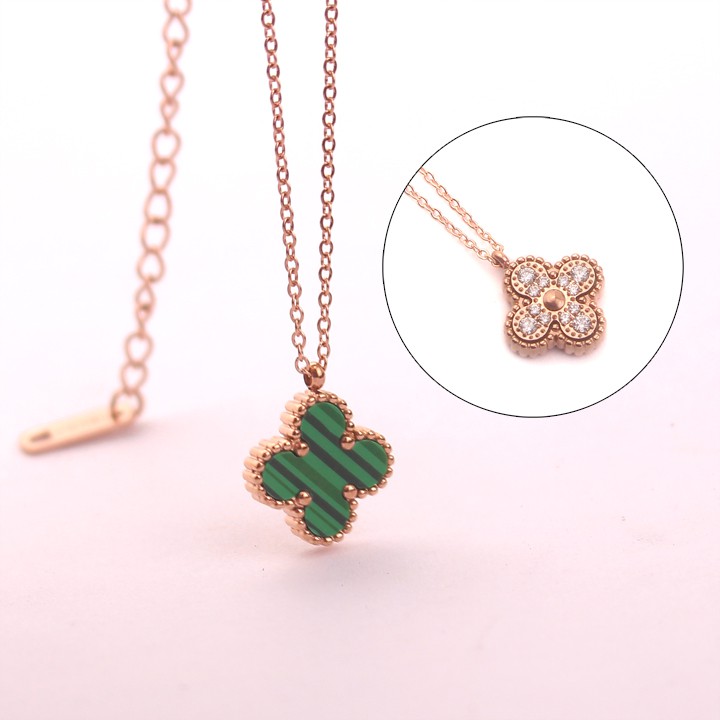 Dây chuyền nữ titan hoa L V 4 cánh đính đá mặt xanh siêu đẹp, bền màu, chuẩn thời trang