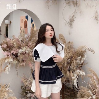 Áo kiểu peplum nữ hải quân xanh đen phối trắng tiẻu thư
