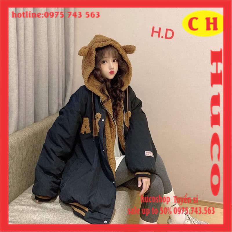 [ẢNH THẬT]ÁO KHOÁC KAKI LÓT LÔNG tai gấu dày dặn  chữ thêu AeR khoác bomber thu đông nam nữ unisex freesize mặc đôi nhóm