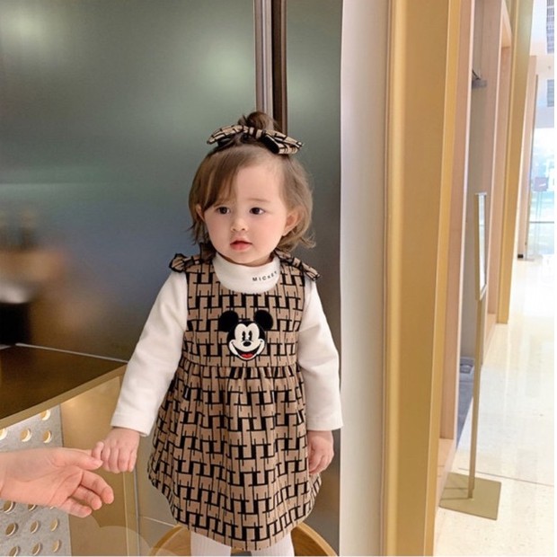 Set Váy nhung micky đeo nơ kèm áo cotton 4 chiều cho bé 1-5 tuổi