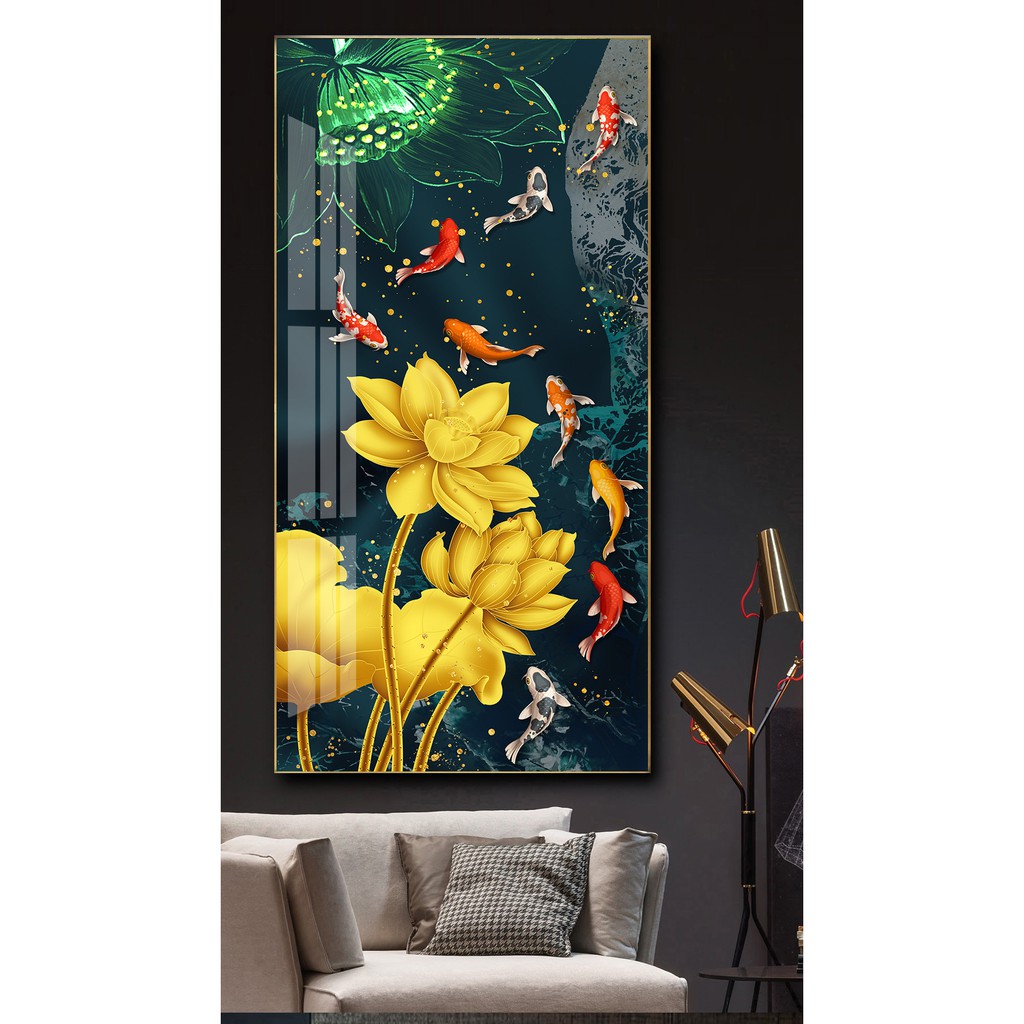 Tranh treo tường phong thủy hoa sen cá chép tài lộc chất liệu bóng kiếng hoặc vải canvas ooopic_23456441