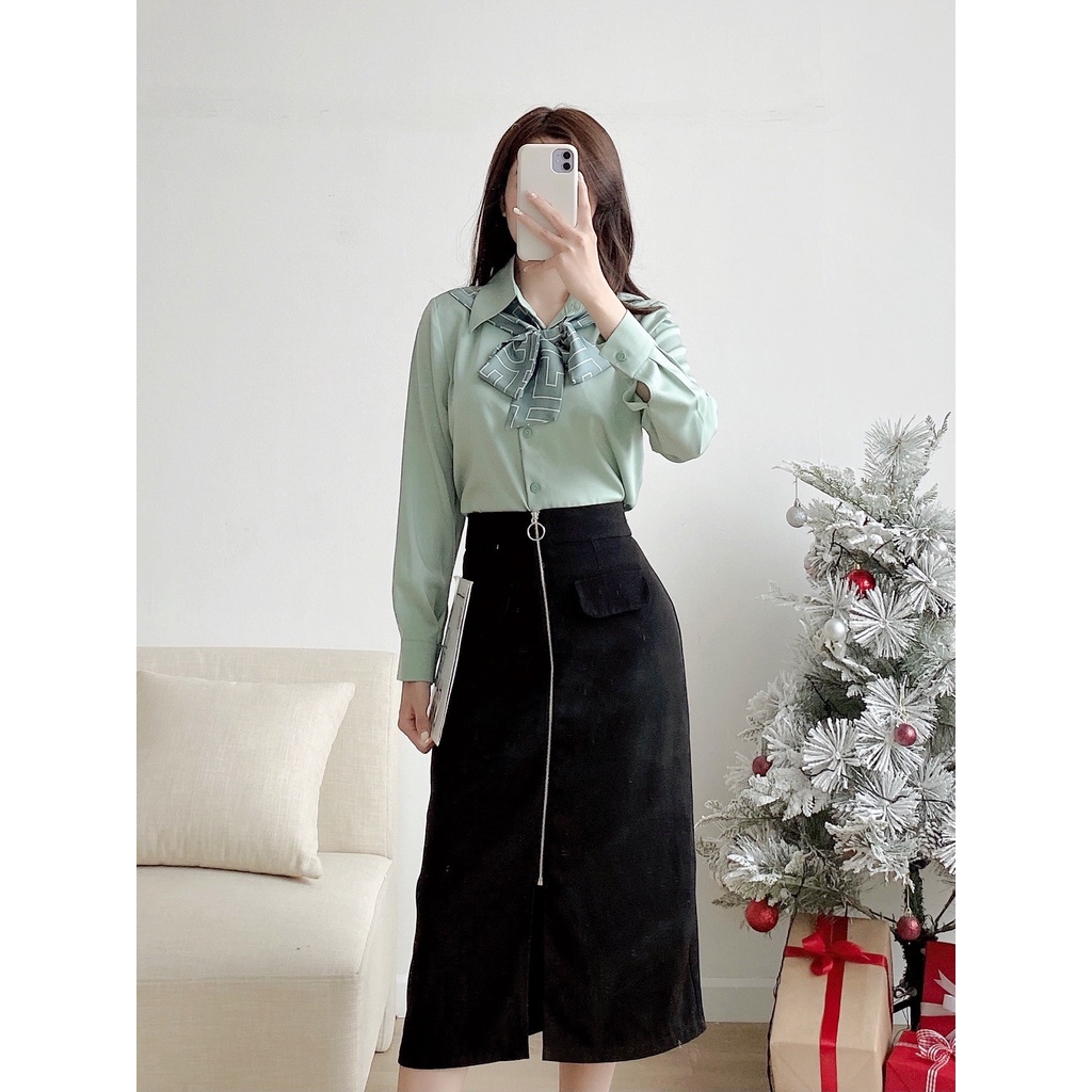 Áo sơ mi nữ lụa mềm mát cổ đức khăn lụa HILA (Mã SP: A935)