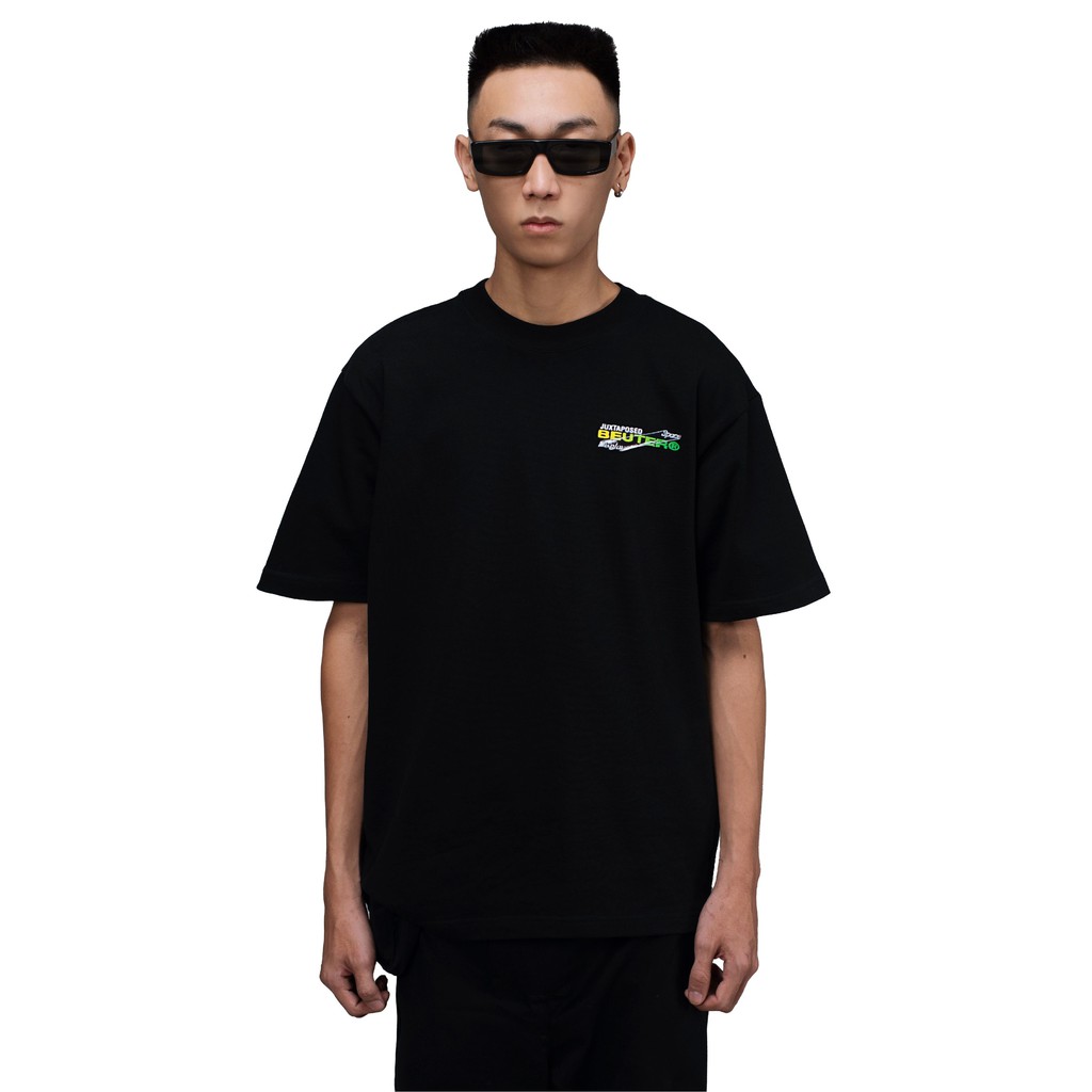 Áo thun nam ngắn tay Beuter Juxtaposed Green Logo Black T-Shirt - The Beuter