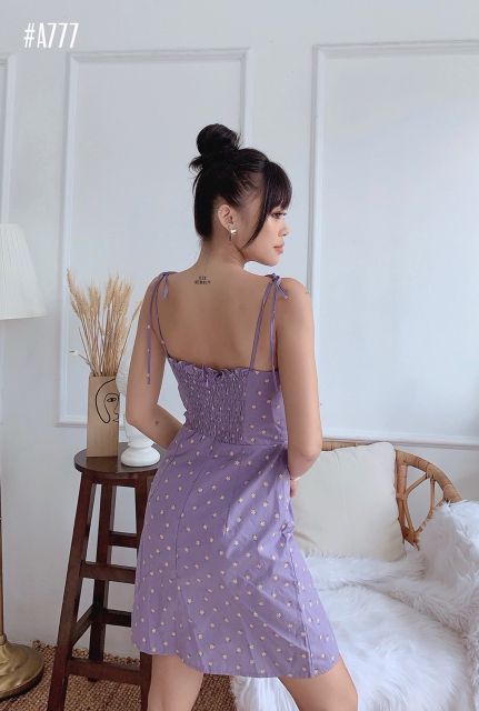 Đầm hoa nhí tím 2 dây cột nơ kèm ảnh thật | BigBuy360 - bigbuy360.vn