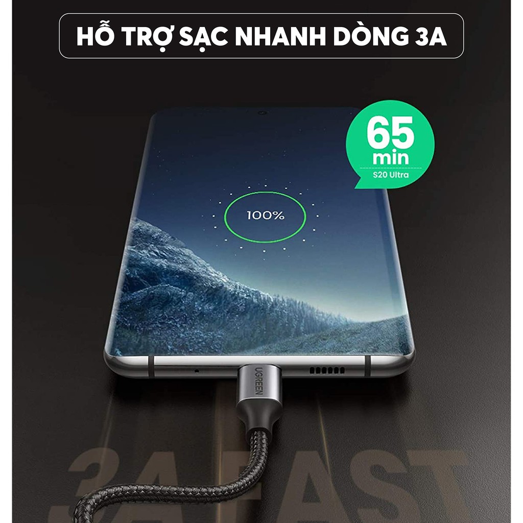 Cáp sạc và truyền dữ liệu 2 cổng USB type C, bẻ góc 90 độ, sạc nhanh PD 60W, dòng 3A dài 0.5-2m UGREEN US255 50123