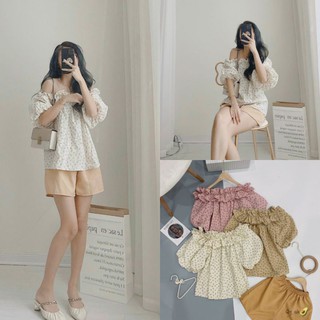 S342 Set Áo trễ vai bèo họa tiết hoa nhí tone màu nhẹ nhàng, phối quần sooc cạp chun co dãn dáng suông thoải mái