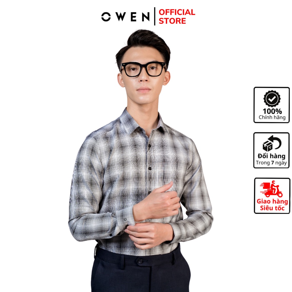 Áo sơ mi nam dài tay OWEN AS23354D somi công sở vải café cao cấp màu sọc caro loang trắng đen dáng ôm tà lượn không túi