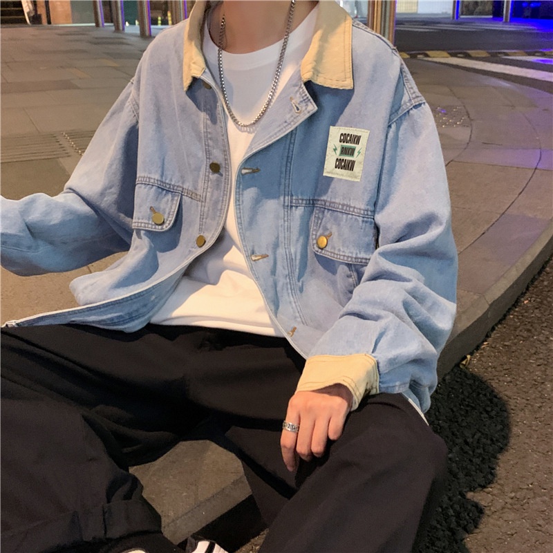 Áo khoác denim phối túi phong cách Harajuku Nhật Hong Kong cho nam