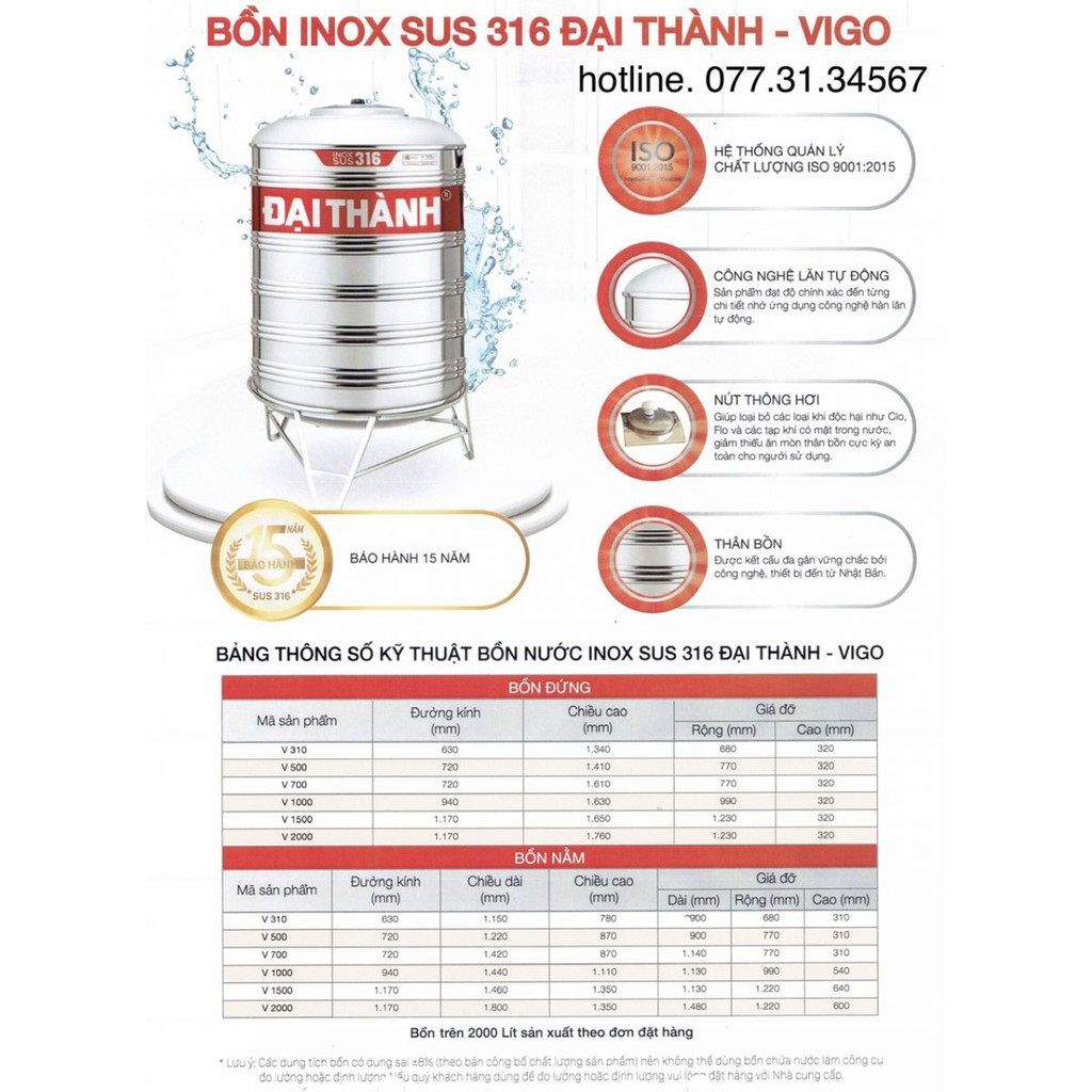 Bồn nước inox316 đứng cao cấp  Đại Thành VIGO, téc nước