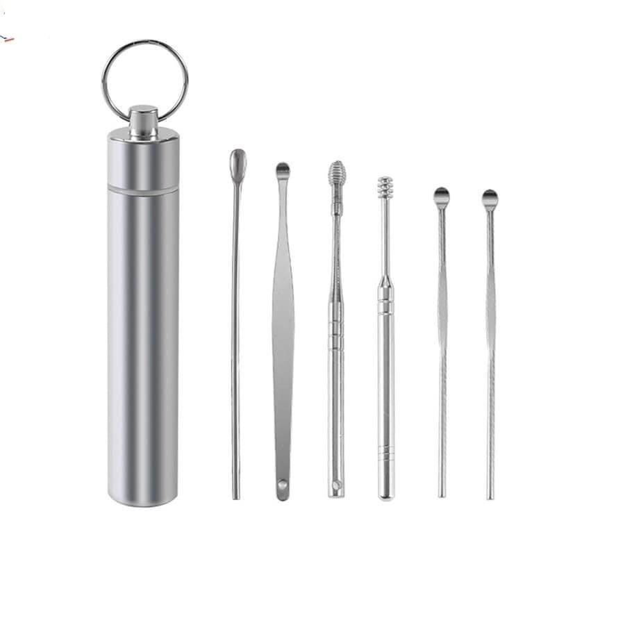 BỘ DỤNG CỤ LẤY RÁY TAI 6 MÓN HỘP INOX TRÒN SIÊU ĐẸP