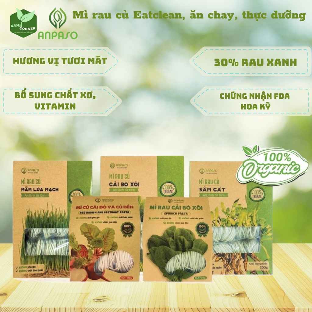 Mì rau củ Anpaso,cải bó xôi,mầm lúa mạch,củ nghệ, eatclean, đẹp dáng, bổ sung chất xơ và vitamin 120g 300g Xanh