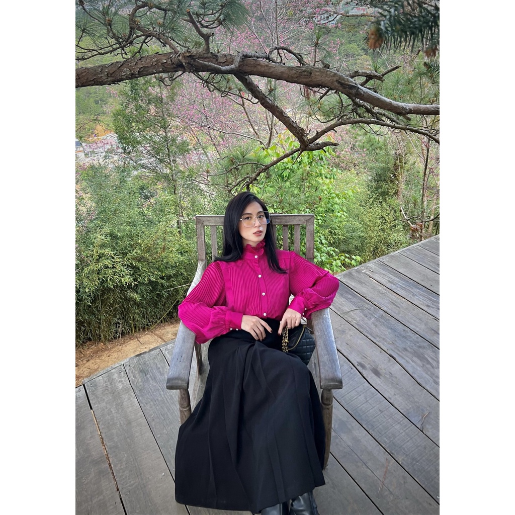 Áo sơ mi lụa satin HUONG BOUTIQUE HBSM944 cổ bèo, dập li toàn thân