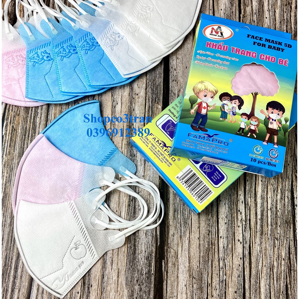 Khẩu trang FAMAPRO 5D BABY MÀU TRƠN 3 lớp kháng khuẩn hộp 10 cái màu Trắng / Xanh / Hồng