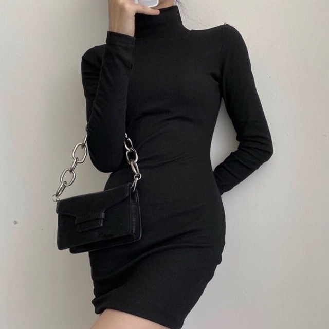 Đầm body cổ lọ nữ dài tay, đầm ôm body dáng dài chất thun gân co giãn phong cách sexy tôn dáng cực đỉnh