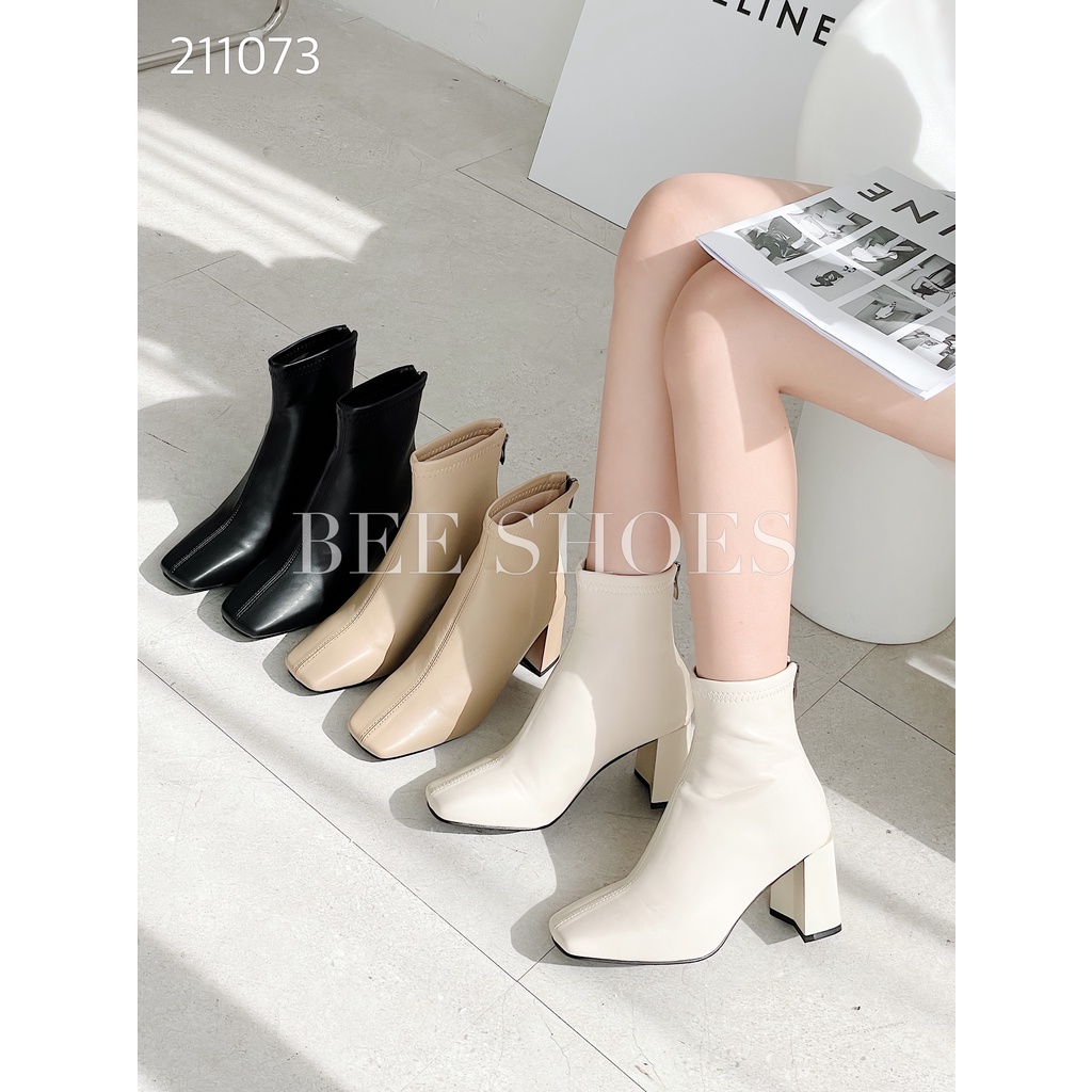 BEESHOES - BOOT NỮ DA MỀM MŨI VUÔNG - BOOT NỮ GÓT ĐẾ TRỤ CAO 5CM CÓ SẴN MÀU ĐEN - KEM - BE 211073